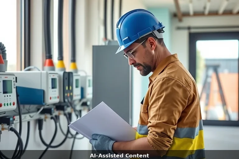 Master electrician reviewing technical documentation for accuracy