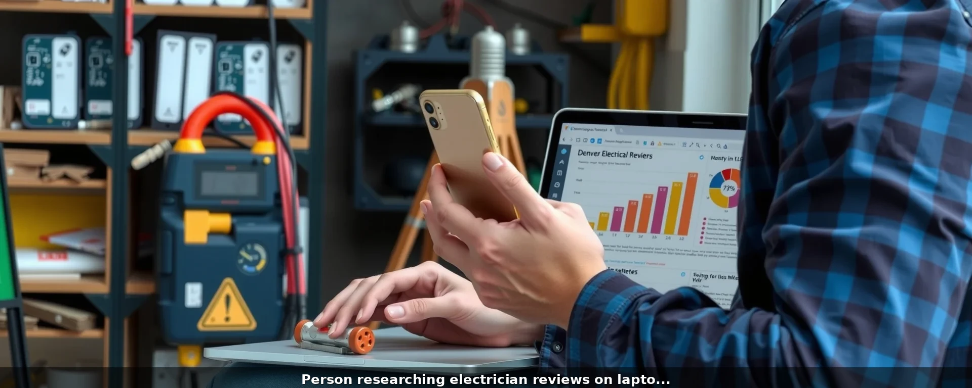 Person researching electrician reviews on laptop and phone