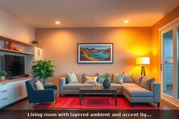 Living room with layered ambient and accent lighting