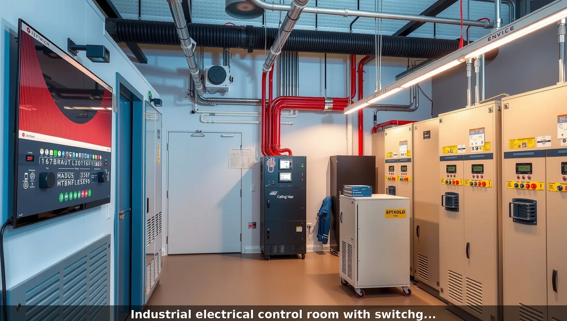Industrial electrical control room with switchgear and monitoring equipment