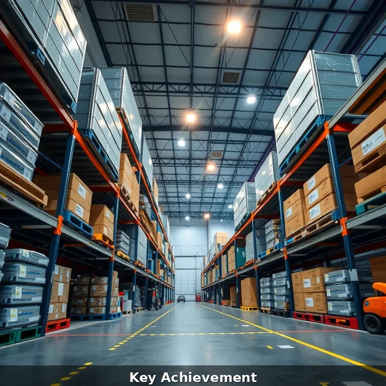 Modern logistics warehouse interior with LED lighting