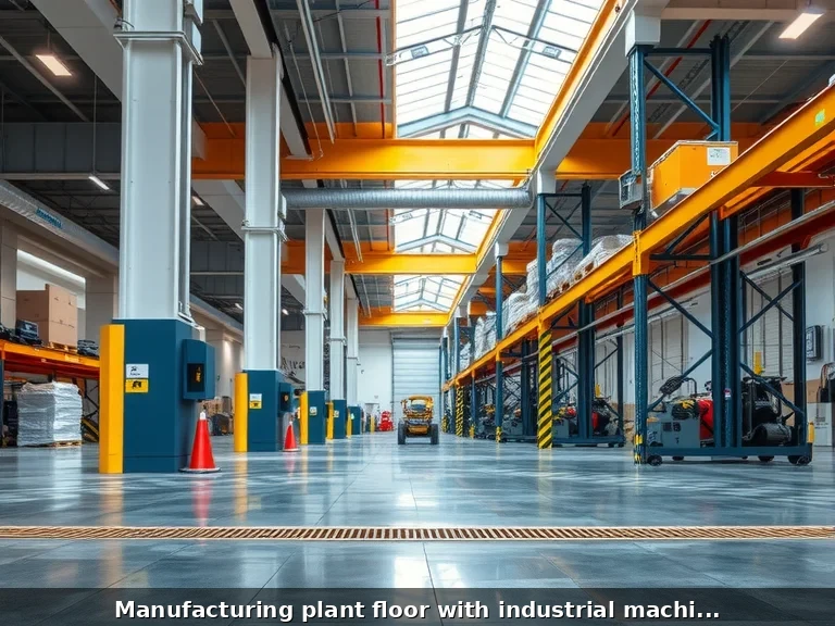 Manufacturing plant floor with industrial machinery and electrical systems