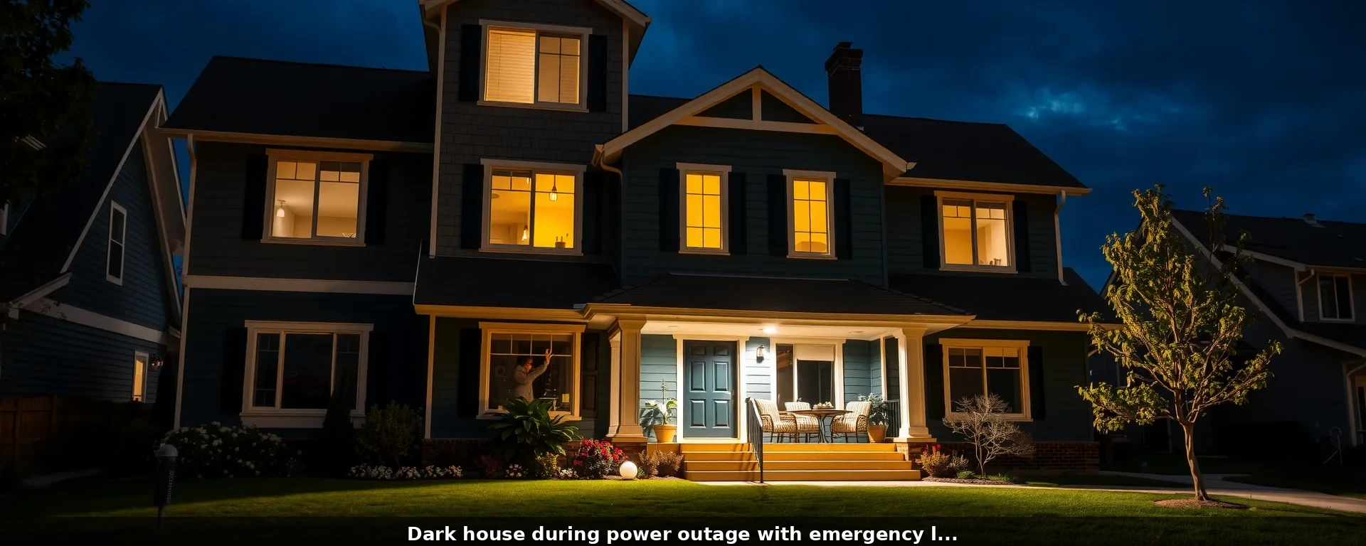 Dark house during power outage with emergency lighting